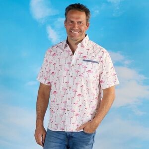 Men’s XXXL Pacific Marlin Flamingo Print Short Sleeve Button Down Shirt